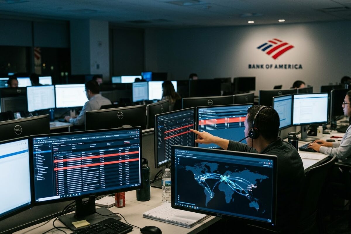 A bank fraud operations floor at night, rows of Dell monitors showing transaction dashboards with red flagged rows and a world map of payment flows, an analyst in a headset pointing at one screen, a Bank of America logo on the far wall