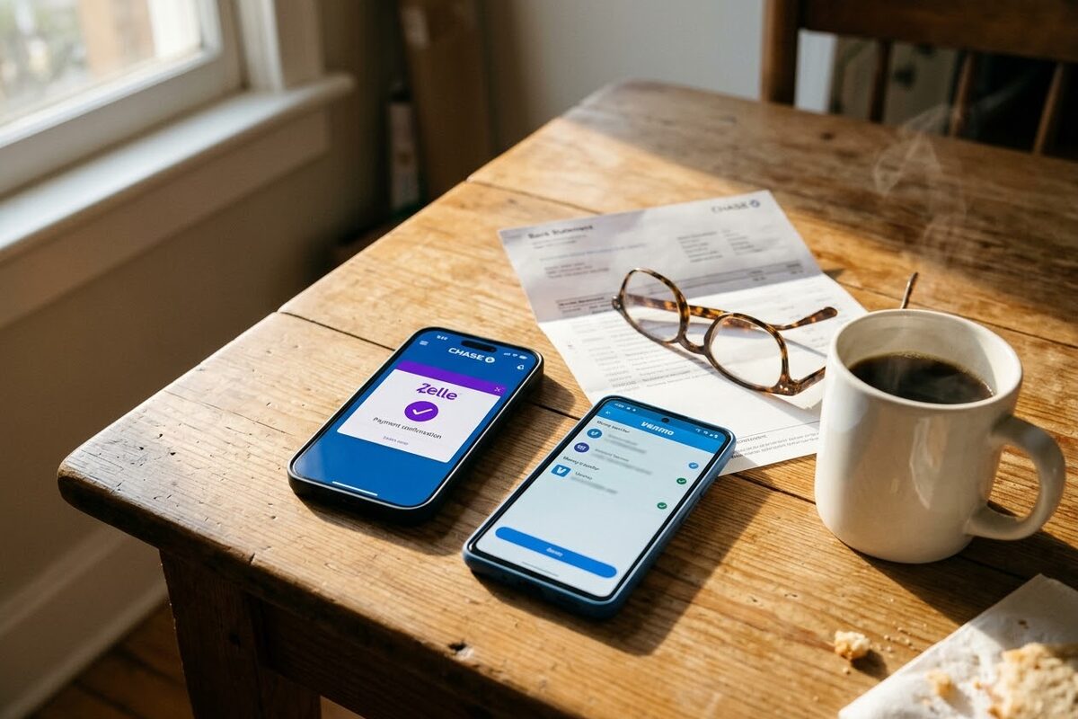 A kitchen table in the morning, an iPhone showing a Zelle payment confirmation inside the Chase app next to a Google Pixel showing a Venmo transfer, a paper bank statement, reading glasses and a mug of coffee