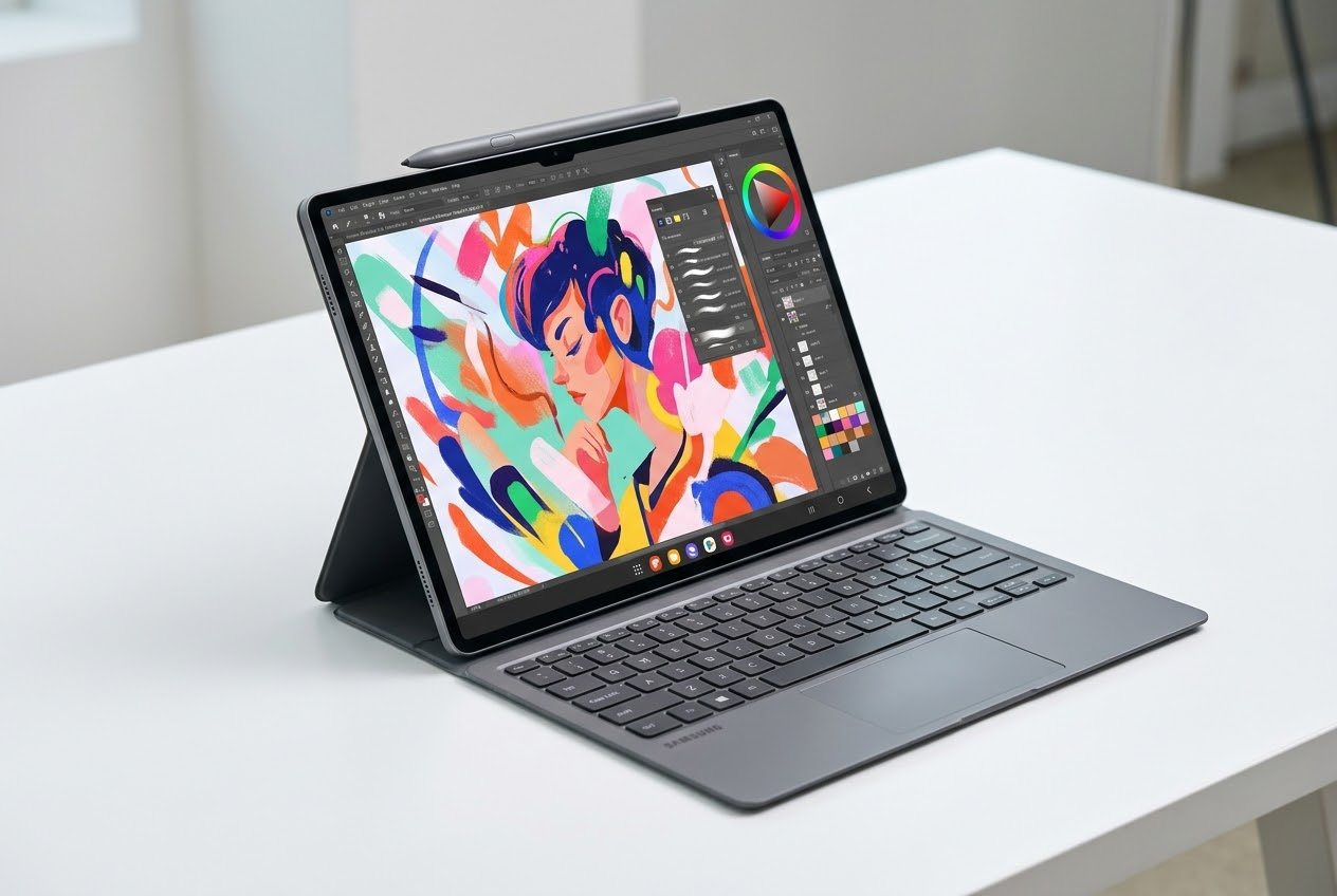 A thin Samsung Galaxy Tab S12 Ultra on a keyboard cover on a white desk, showing a digital illustration with an S Pen resting on it