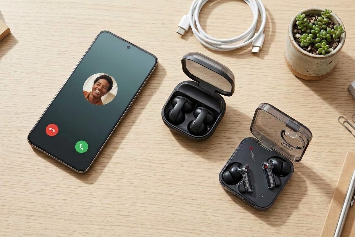 A flat lay on a light wood desk: black Samsung Galaxy Buds On clip-on earbuds in their open case, a white Nothing Ear (3) case with its transparent lid, and a Google Pixel 11 Pro XL showing an incoming call screen with a contact photo