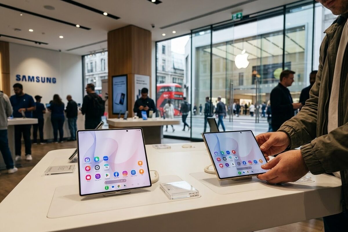 A Samsung Experience Store in London, a Galaxy Z Fold8 and a Fold8 Ultra open on a white display table under spotlights, a customer folding one, an Apple Store visible across the street through the window