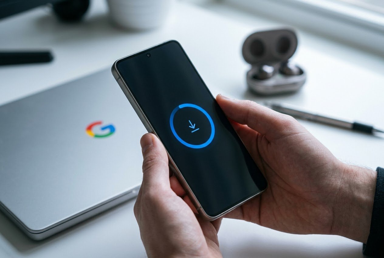 Hands holding a Samsung Galaxy phone showing a blue download progress ring, with a closed laptop with the Google logo behind it