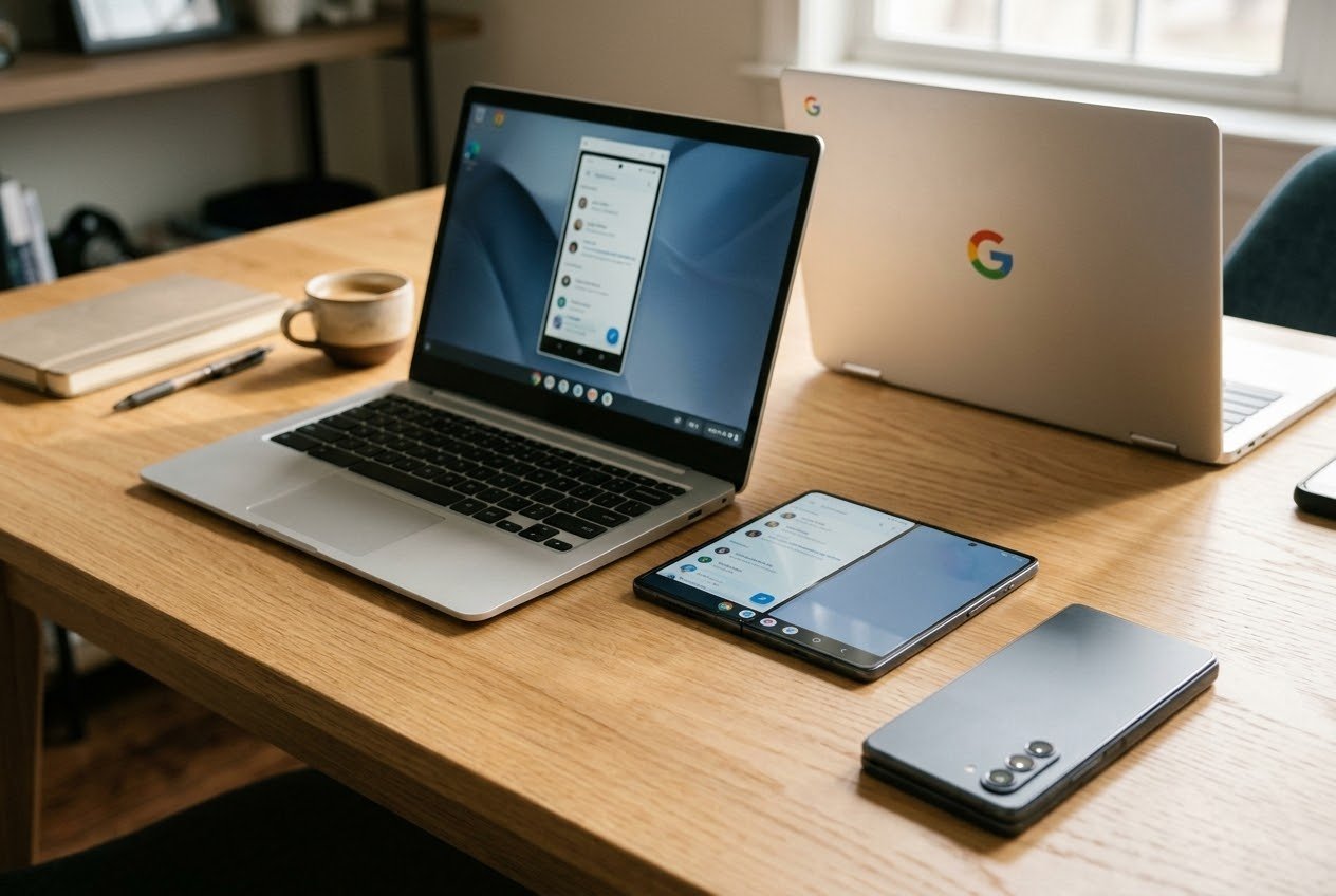 A Google Googlebook laptop on a desk next to an unfolded Samsung Galaxy Z Fold8 showing the same app