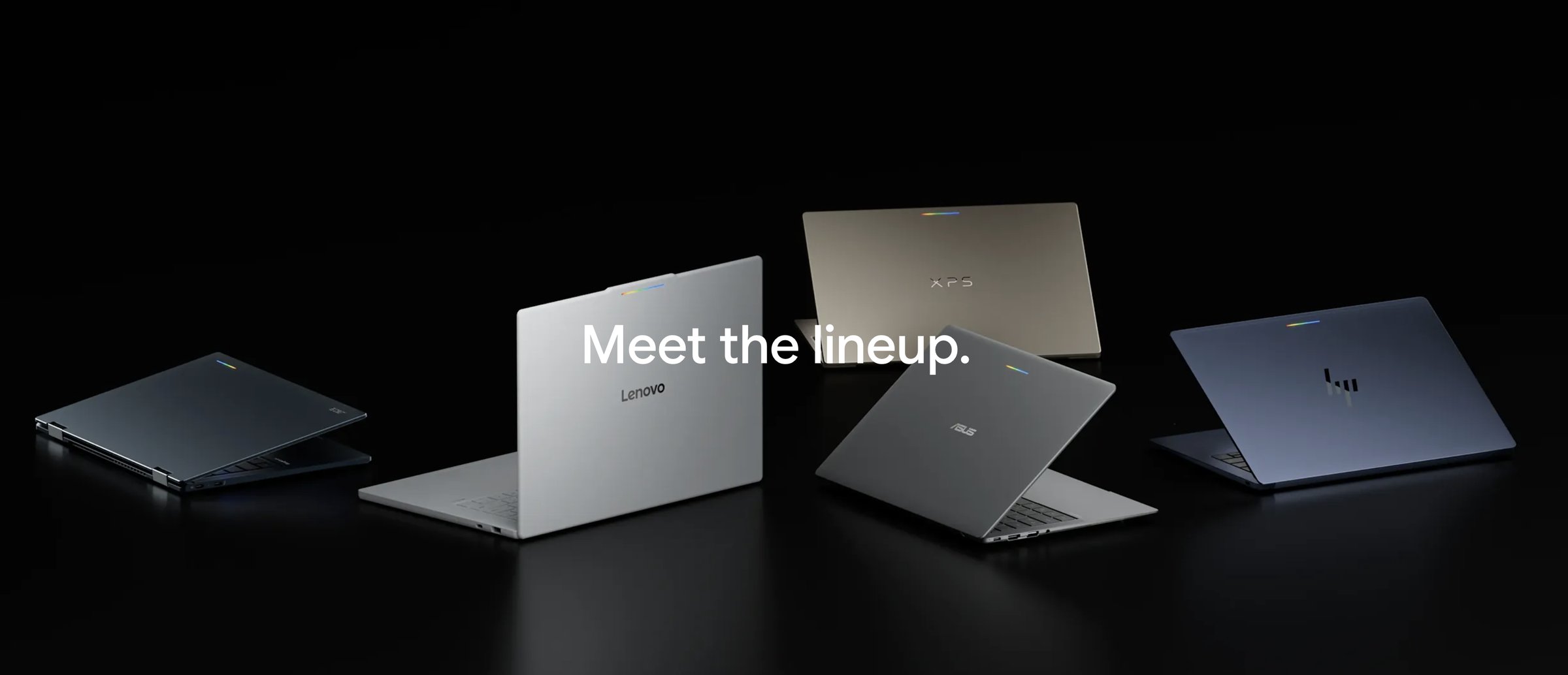 Five Googlebook laptops from Acer, ASUS, Dell, HP, and Lenovo arranged on a dark background under the words Meet the lineup