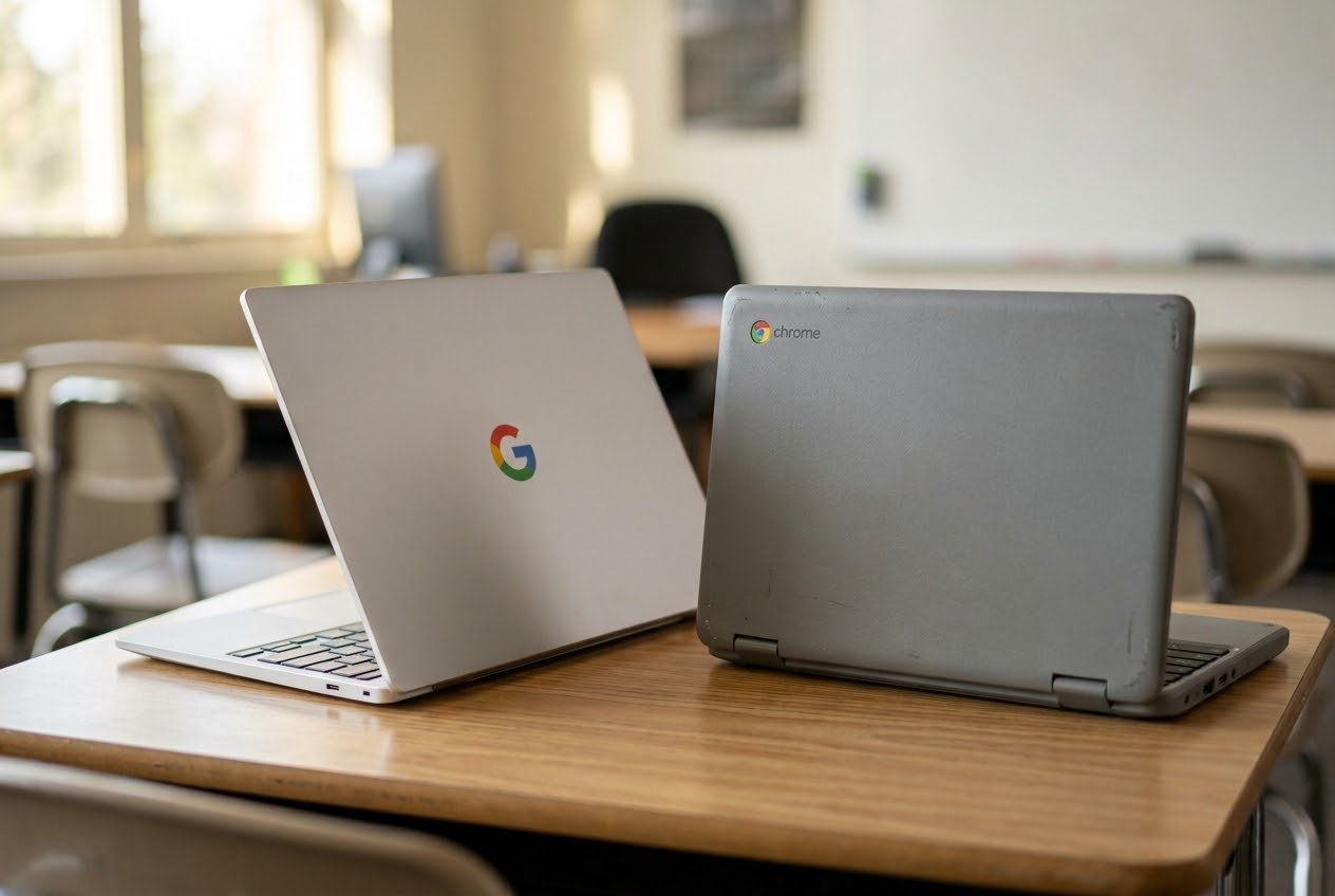 A new silver Googlebook laptop next to an older gray school Chromebook on a wooden classroom desk