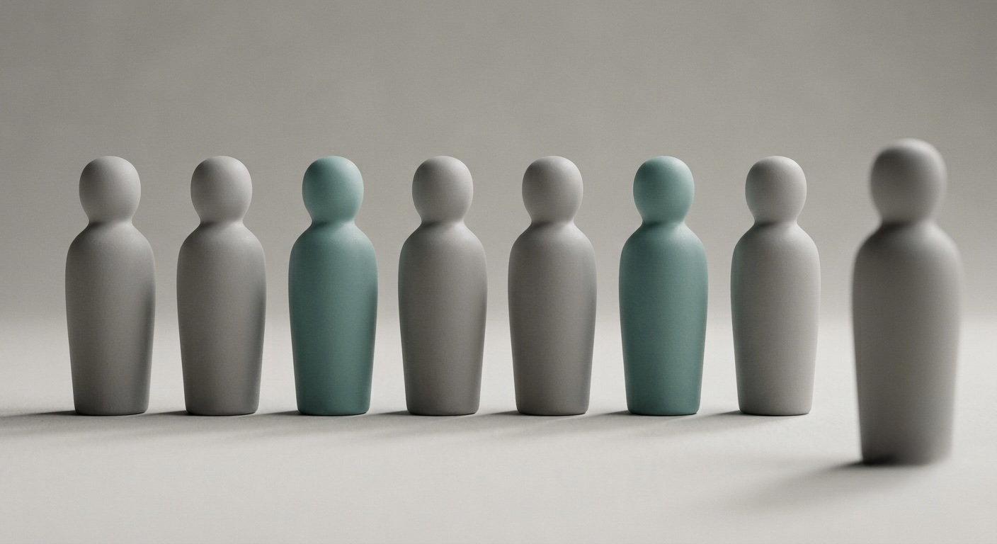 A row of eight smooth faceless ceramic figures, six in neutral grey and two in muted teal