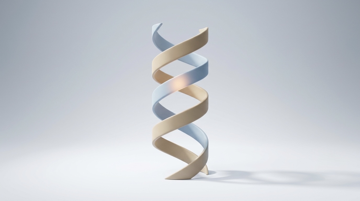 An abstract double helix of two smooth ribbons spiraling upward, one pale blue and one warm sand, with one segment glowing