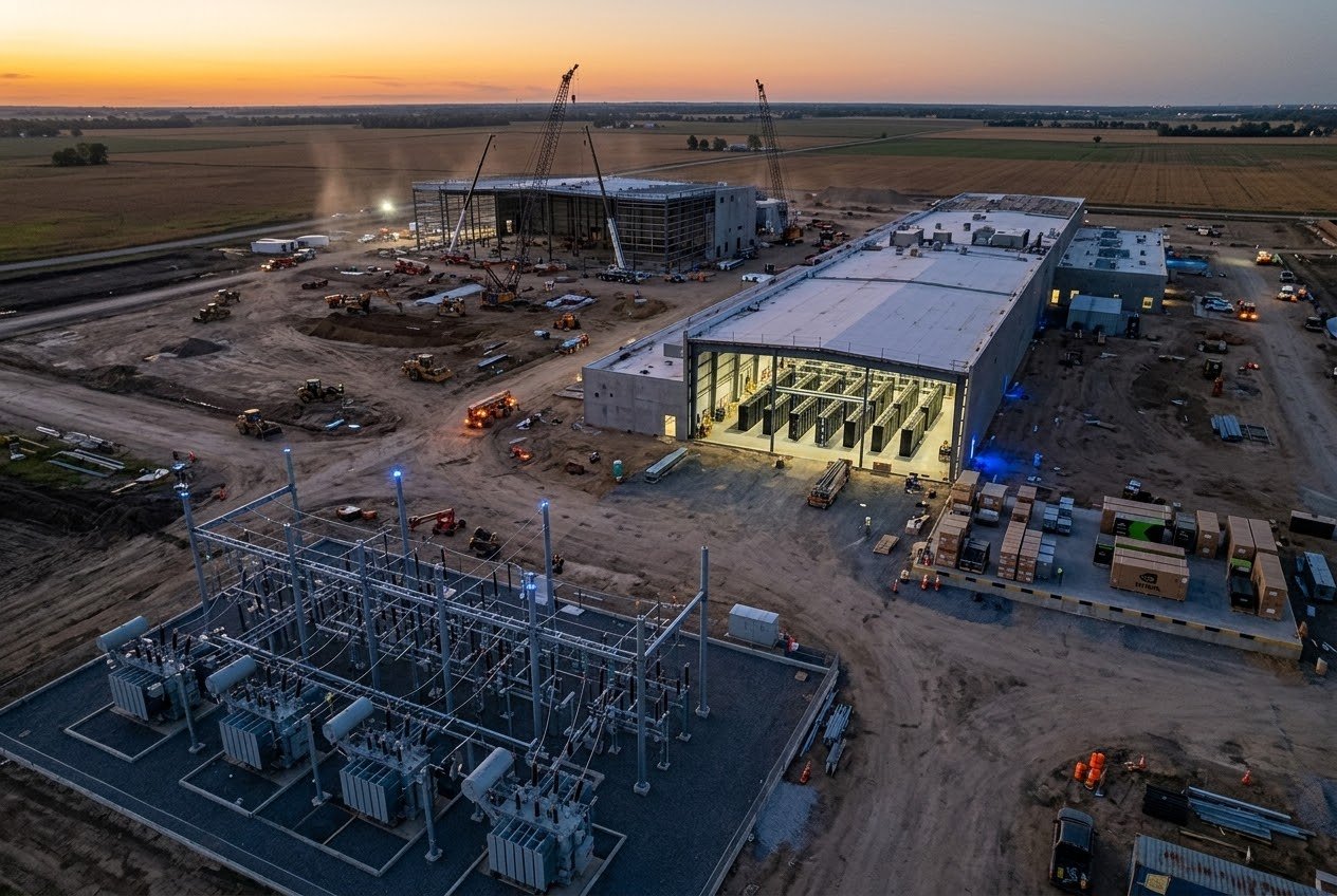 Aerial view of a huge data center under construction at dusk with cranes, an unfinished steel hall and an electrical substation