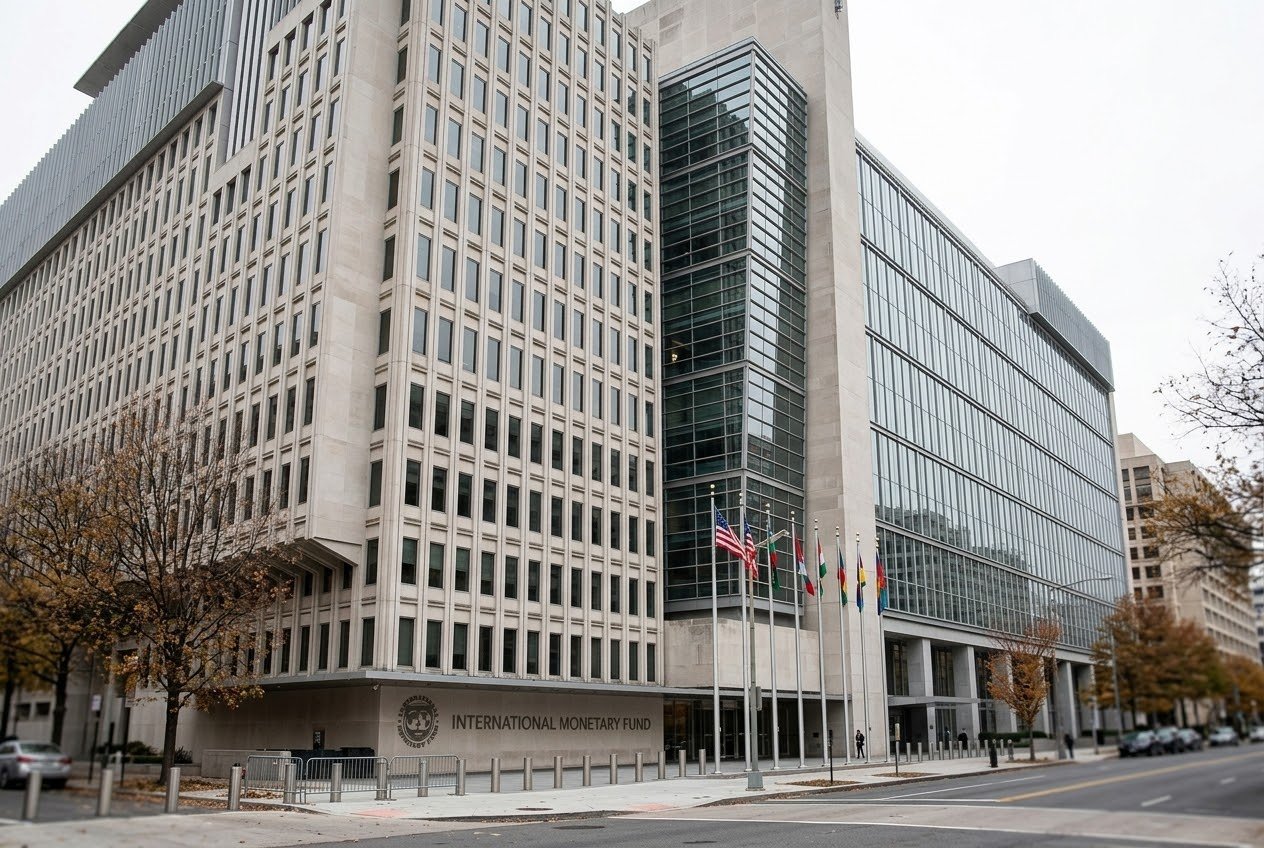 The International Monetary Fund headquarters in Washington, D.C. on an overcast morning with flags out front