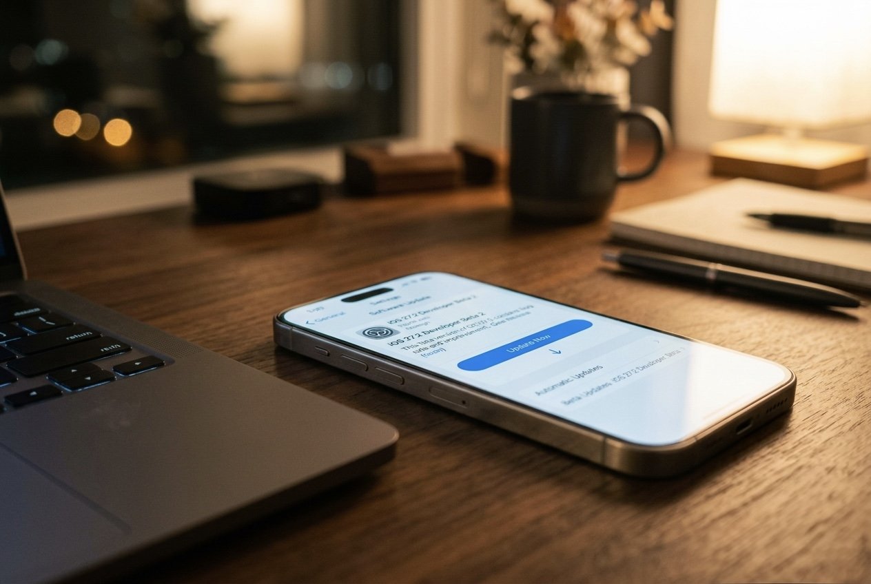 An iPhone on a walnut desk next to a laptop, its screen showing the Software Update page