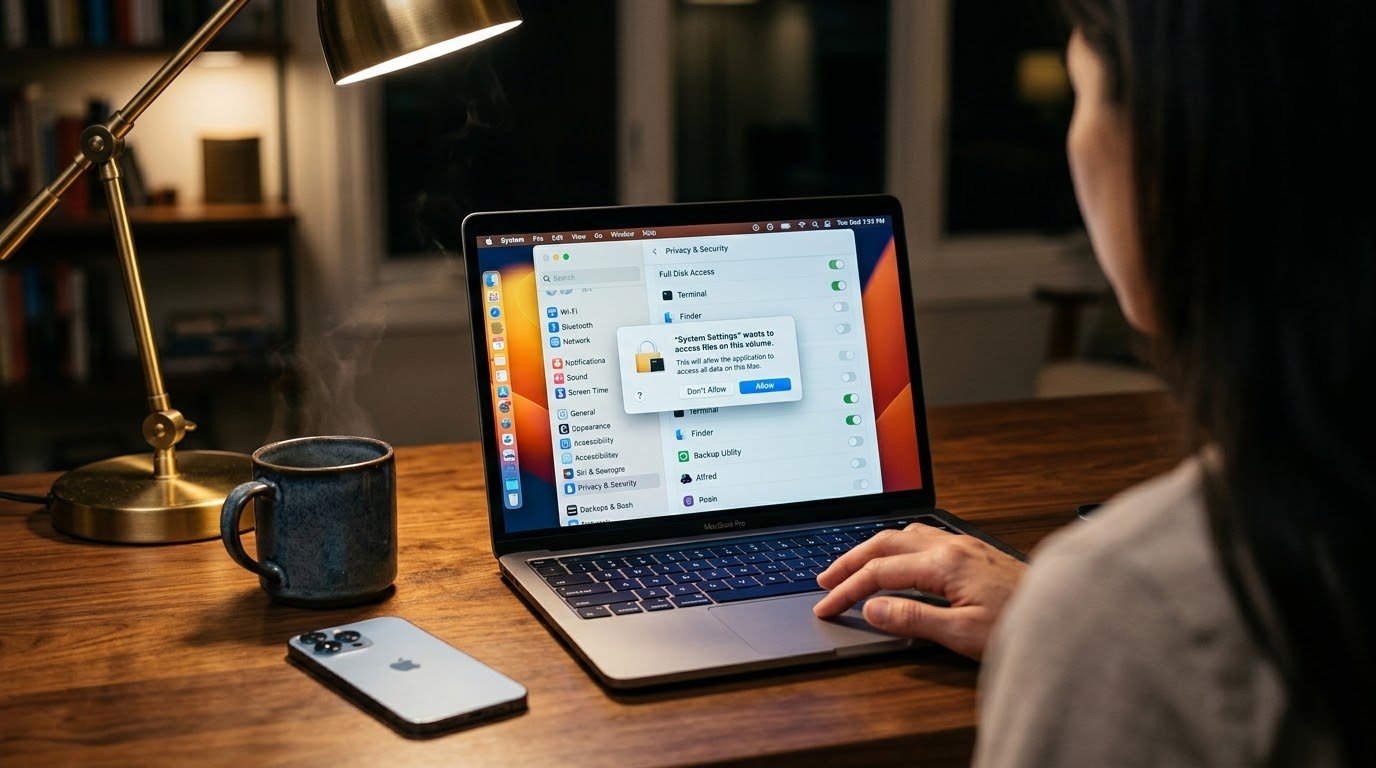 A MacBook Pro on a desk at night showing the Full Disk Access list in macOS Privacy and Security settings