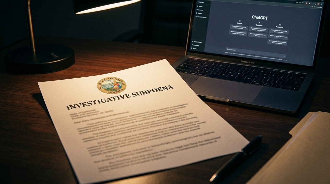 An investigative subpoena with the State of California seal on a desk next to a MacBook Pro showing ChatGPT