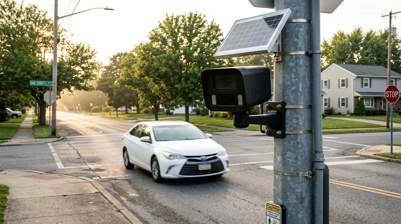 A solar powered license plate reader camera mounted on a metal pole at a suburban intersection as a white sedan drives past