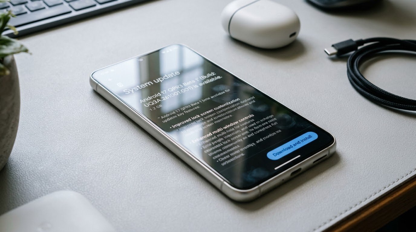 A phone on a gray desk showing an Android 17 QPR3 Beta 1 system update screen with a Download and install button