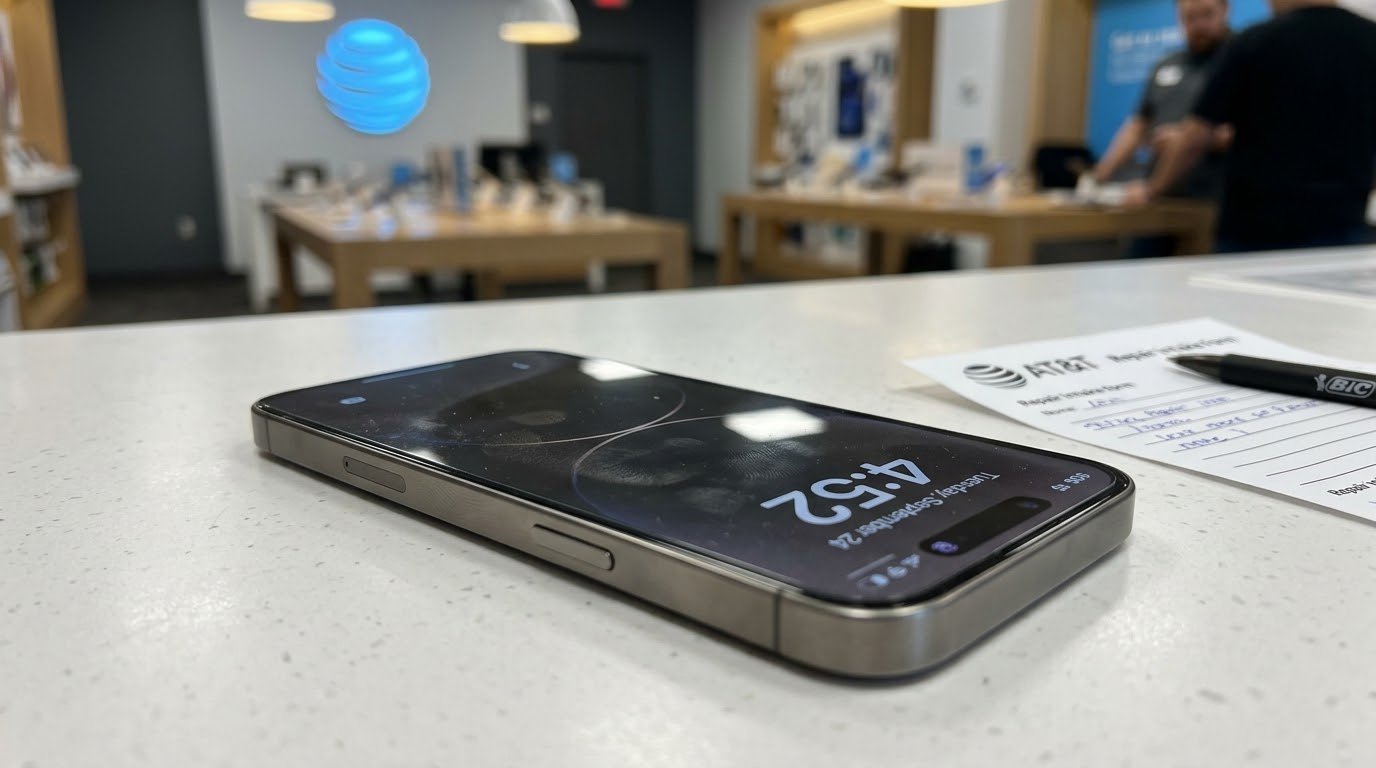 An iPhone face up on a white AT&T store counter next to a repair intake form and a pen, with the AT&T logo glowing in the background
