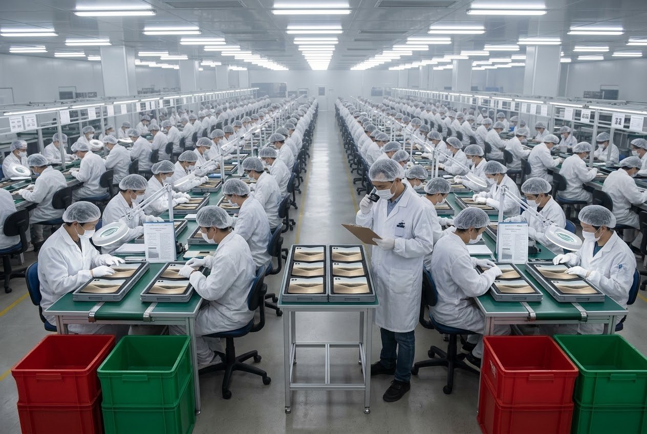 Rows of workers in white cleanroom suits inspecting phone prototypes on an electronics assembly line, with red and green bins for rework and pass