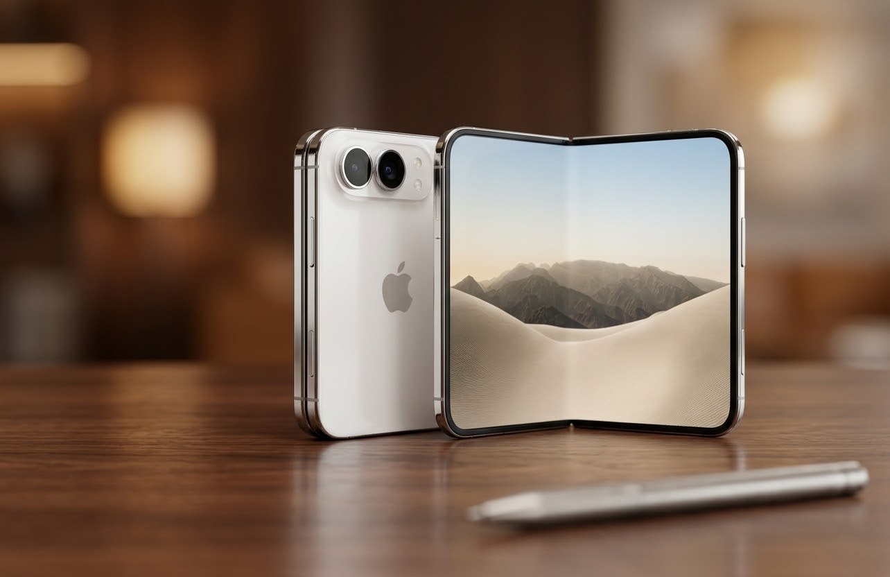 Two white foldable iPhones standing on a wooden table, one seen from the back with two camera lenses and the Apple logo, the other facing forward with its wide inner display open and showing a desert wallpaper