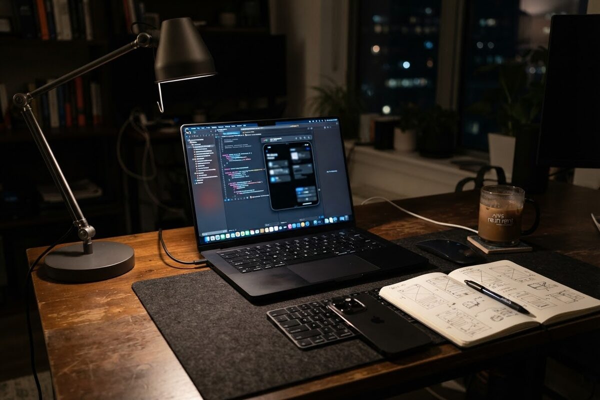 A developer's desk with a MacBook Pro running Xcode with a folding iPhone simulator on screen, a real iPhone 17 Pro next to the keyboard, a notebook with layout sketches