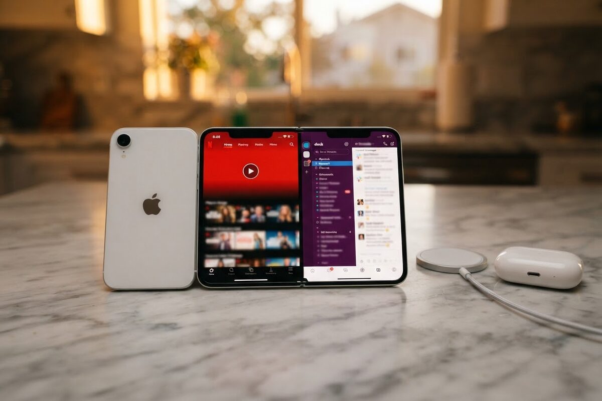 A white Apple iPhone Duo unfolded on a kitchen counter, the inner screen split between the Netflix app and the Slack app, a MagSafe charger and an AirPods Pro case beside it