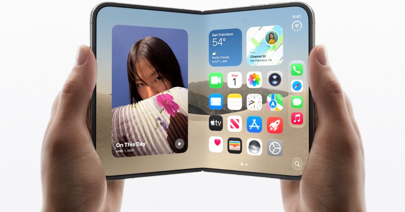 Two hands holding an open iPhone Duo showing a photo widget on the left half of the inner screen and the home screen with weather, maps and app icons on the right