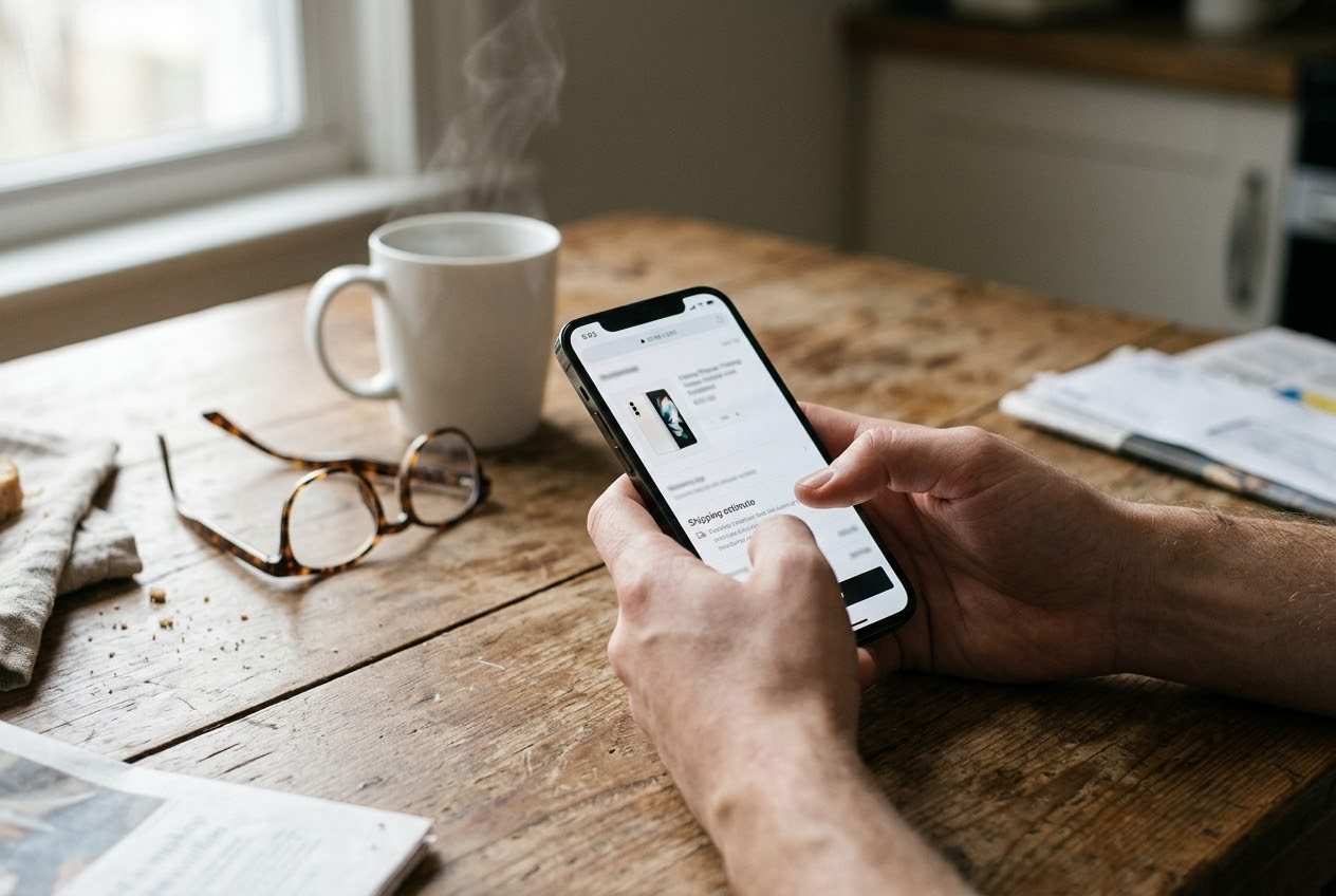 Hands holding a phone at a kitchen table in the morning, the screen showing an online store checkout page for a white folding phone