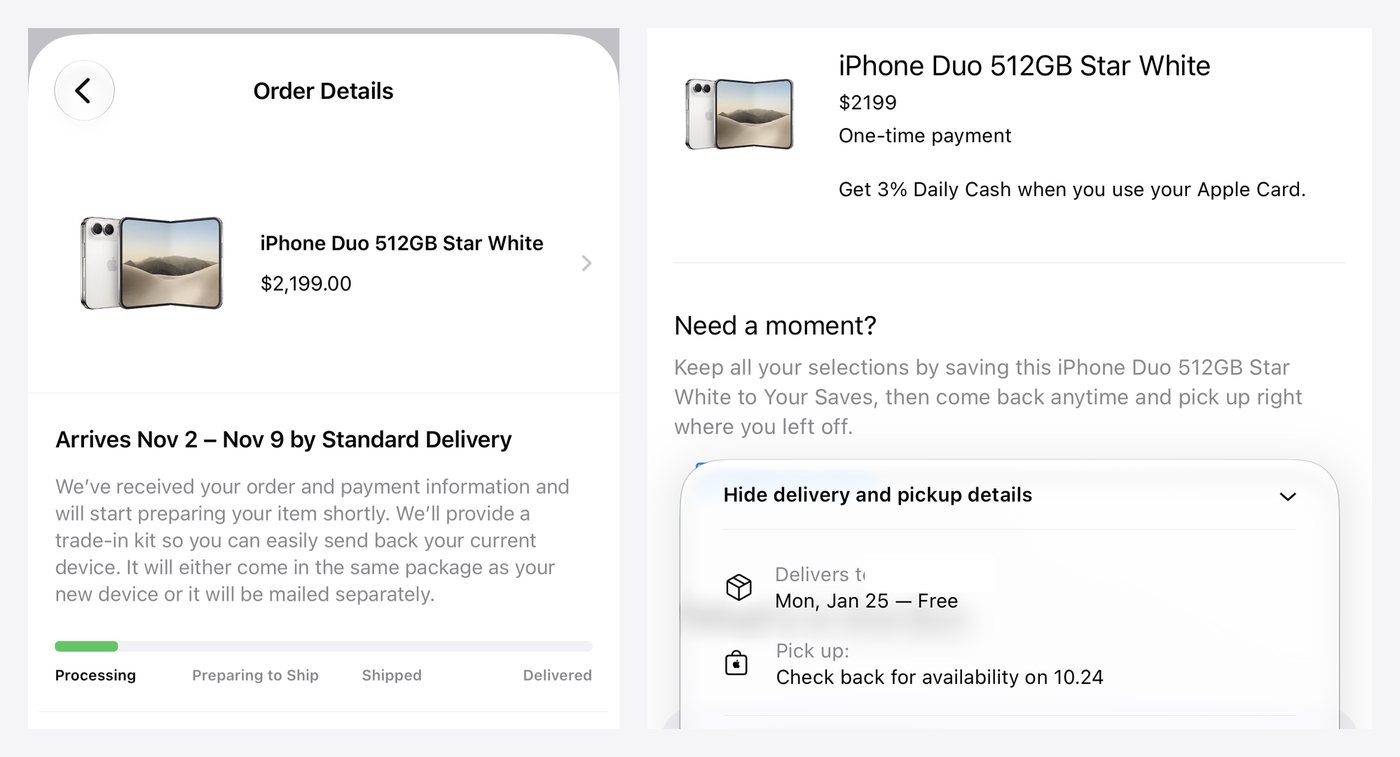 Two Apple Store app screenshots side by side: an order confirmation for an iPhone Duo 512GB Star White arriving Nov 2 to Nov 9, and the same model showing a Jan 25 delivery estimate later the same day