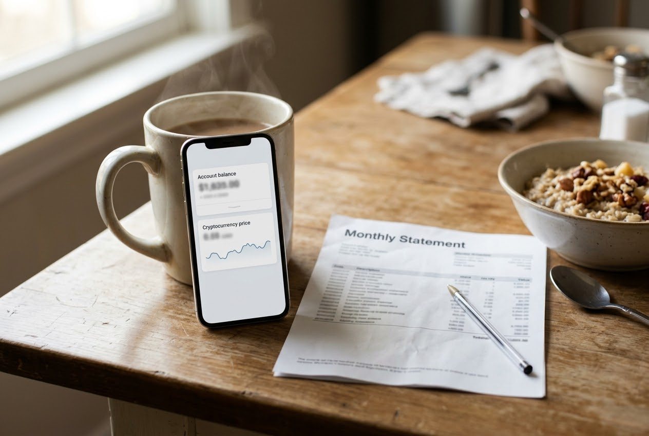 A phone propped against a mug on a kitchen table showing a banking app with an account balance and a small crypto price chart, next to a printed statement