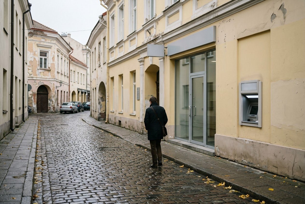 A narrow cobblestone street in Vilnius old town on an overcast afternoon with a small modern bank branch set into a pastel historic building