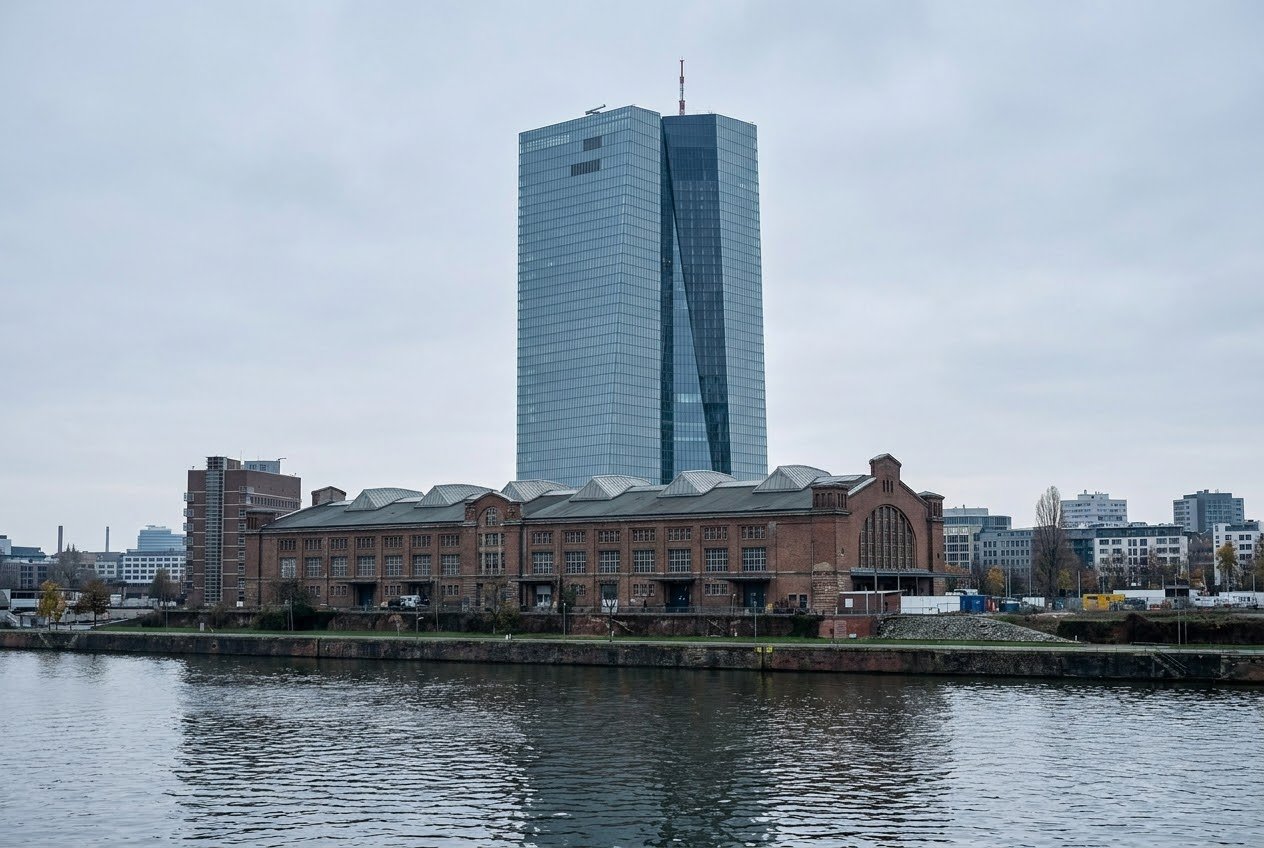 The European Central Bank headquarters tower in Frankfurt rising behind an old brick market hall, under an overcast sky