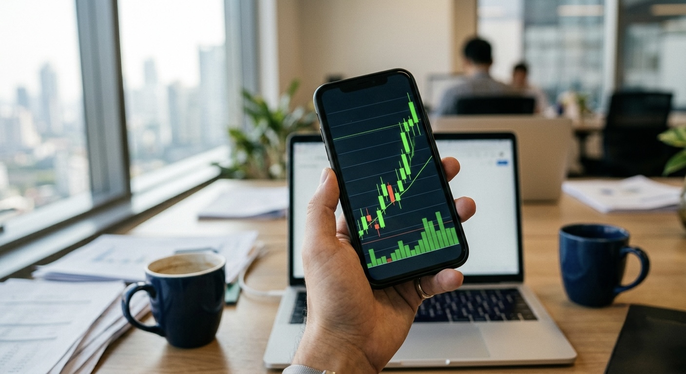 A hand holding a smartphone showing a stock chart with green candlesticks, laptop and coffee in the blurred background.