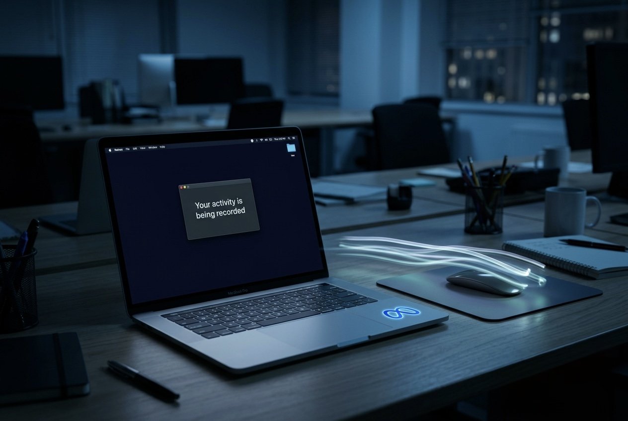 A laptop in a dark office showing a pop-up that reads Your activity is being recorded, with a light trail following the mouse