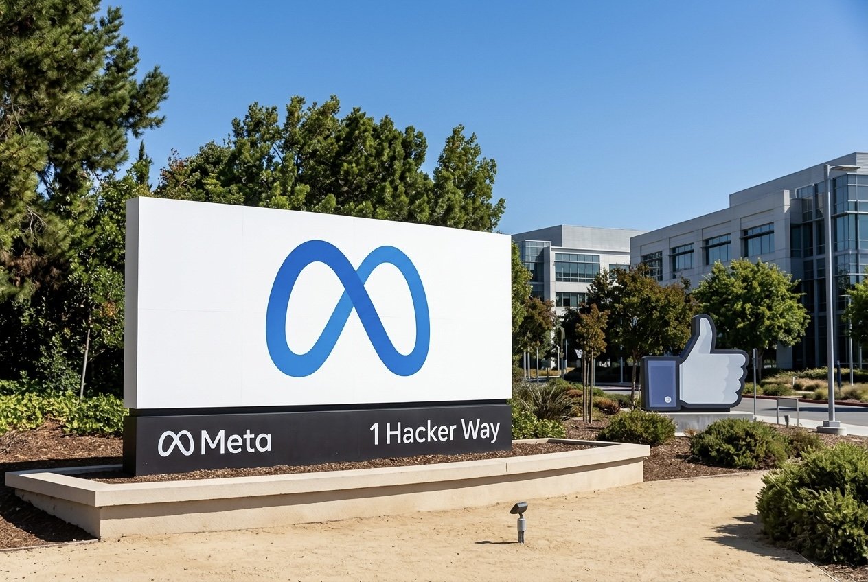 The Meta sign with the blue infinity logo at 1 Hacker Way in Menlo Park