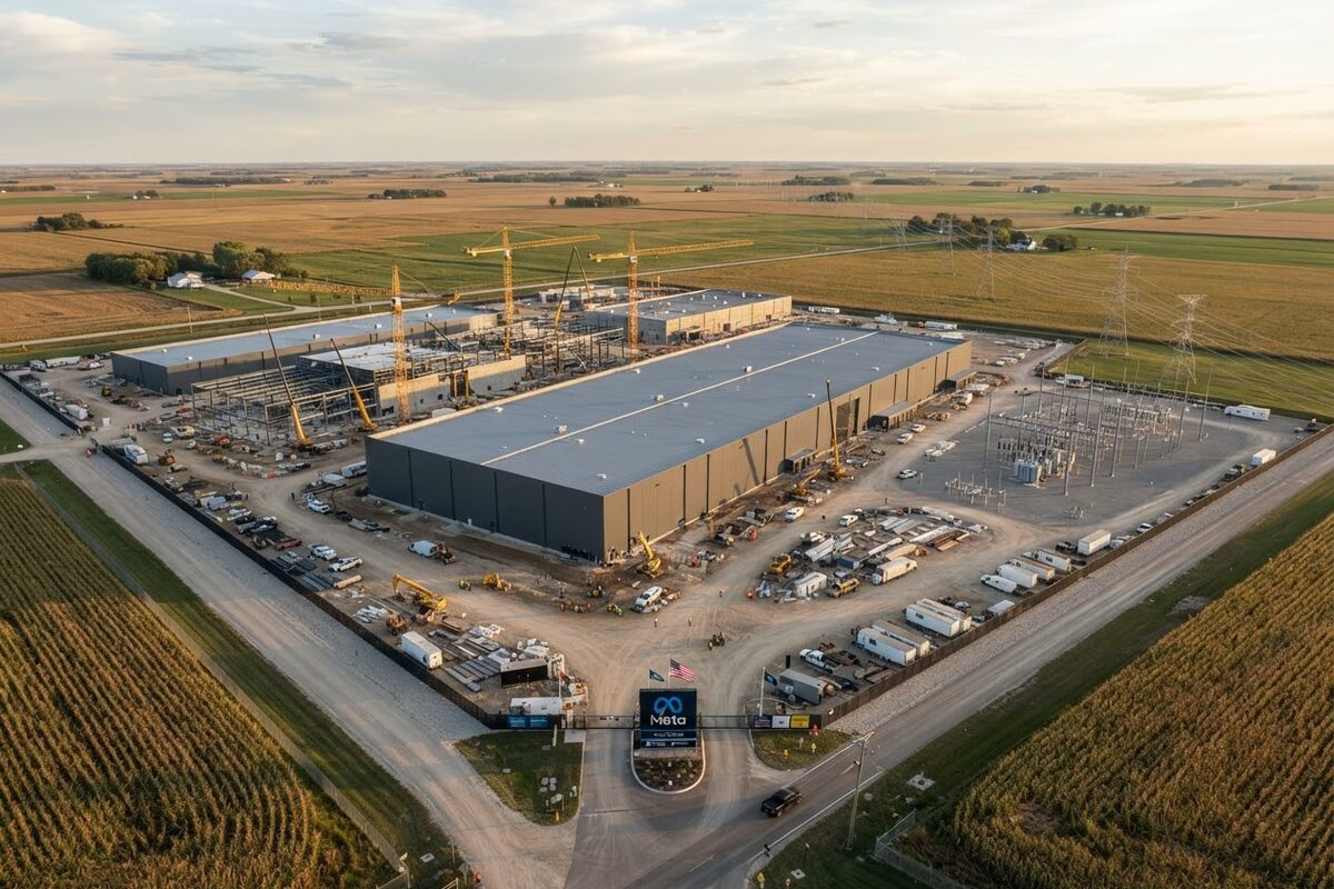 Aerial photo of a Meta data center campus under construction in the American Midwest, long gray server halls, cranes, an electrical substation and Meta signage at the entrance