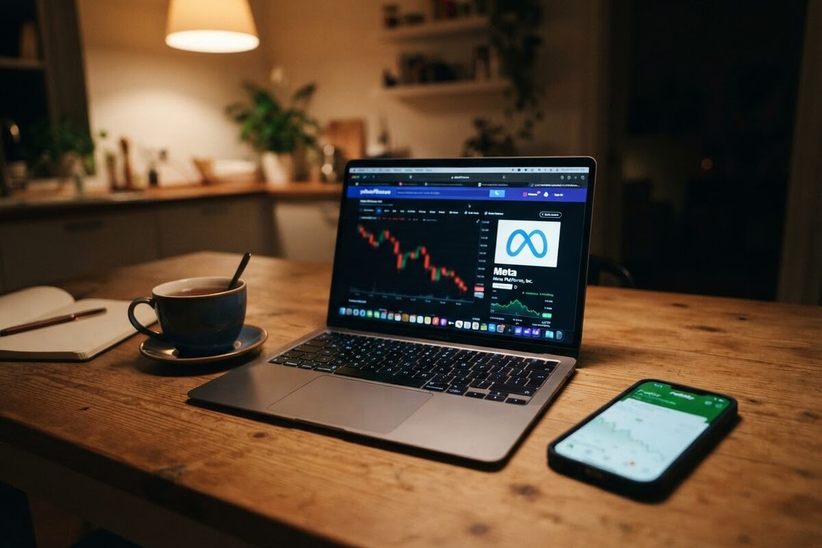 A MacBook Air on a kitchen table at night showing a Yahoo Finance chart of Meta stock dropping, an iPhone with the Fidelity app open beside it, a mug of tea