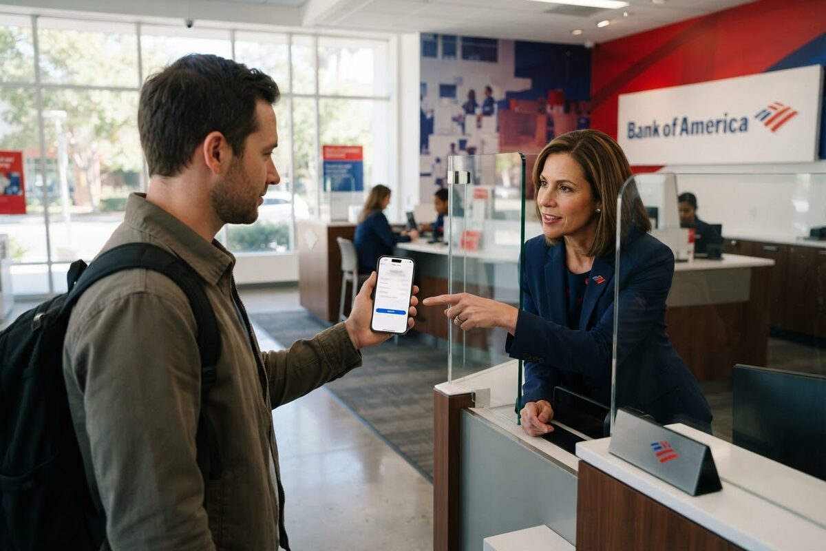 A Bank of America branch interior, a customer at a teller window holding an iPhone showing a payment approval prompt, a banker pointing at the screen