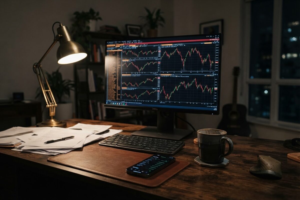 A home office at night with a Bloomberg Terminal style dark screen showing Meta and Tesla stock charts on a Dell monitor, an iPhone with the Robinhood app face up on the desk, a cold coffee