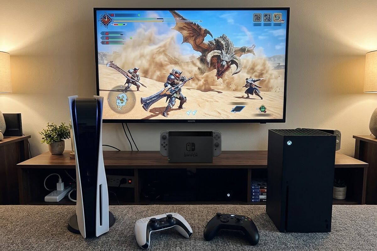 A living room TV stand with a white PlayStation 5 and a black Xbox Series X side by side, a Nintendo Switch 2 in its dock between them, the TV showing a Monster Hunter Wilds hunt in a sandy desert with a large monster, a DualSense and an Xbox controller on the carpet