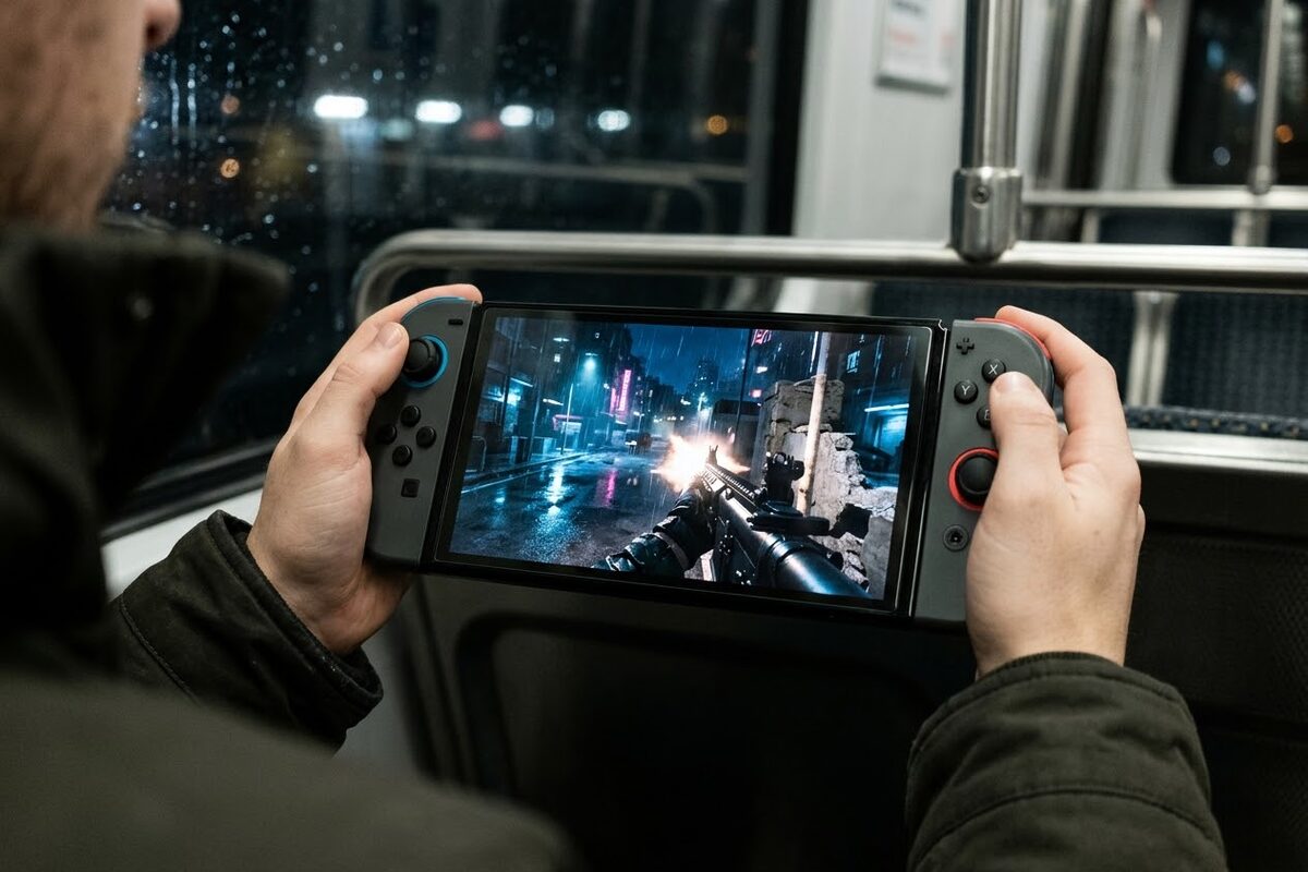A Nintendo Switch 2 in handheld mode held on a train, the screen showing a Call of Duty multiplayer match in a rainy city street, Joy-Con 2 controllers attached