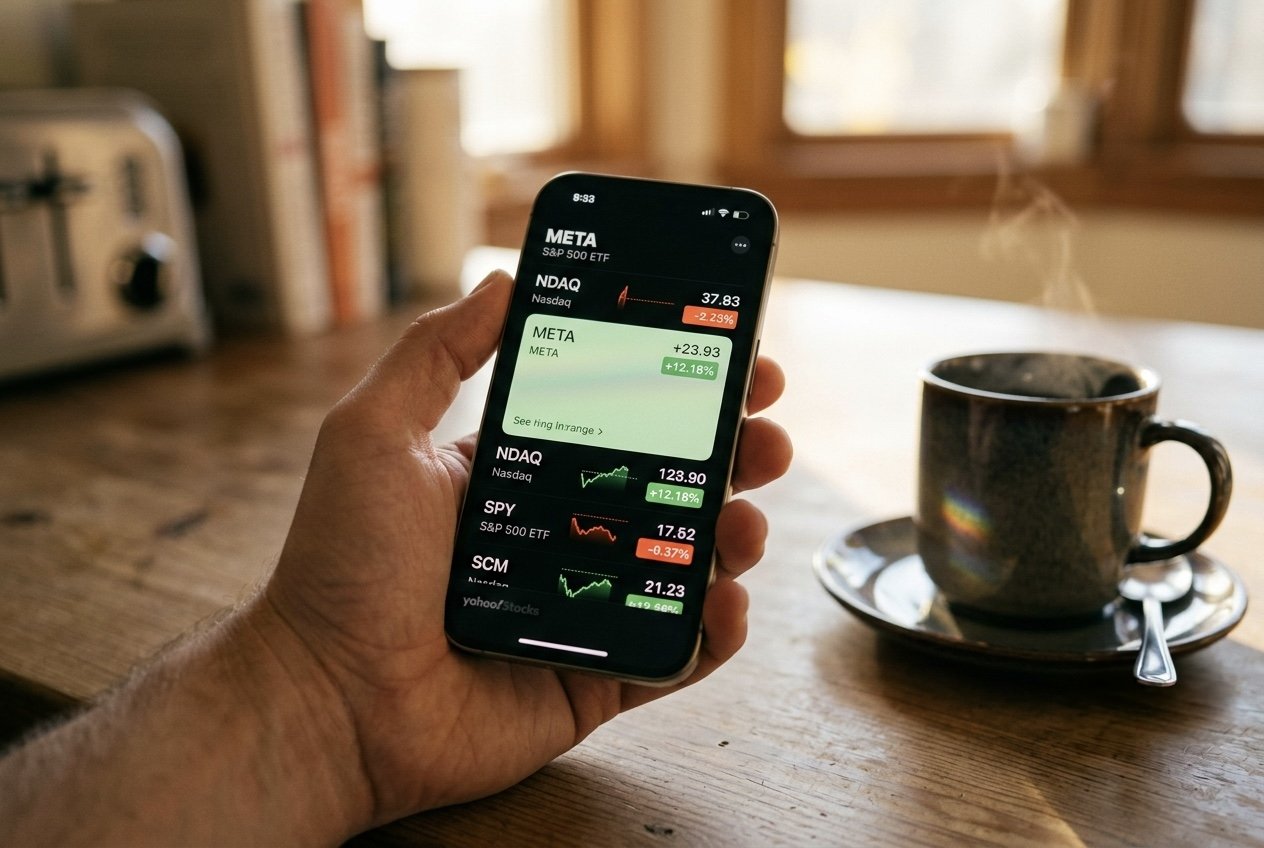 A hand holding an iPhone showing a stocks app with META in green, next to a mug of coffee