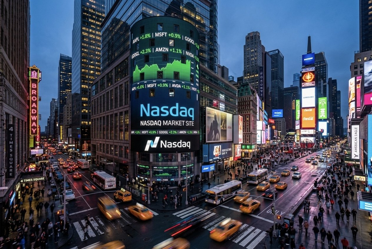 The Nasdaq MarketSite tower in Times Square at dusk with green stock tickers