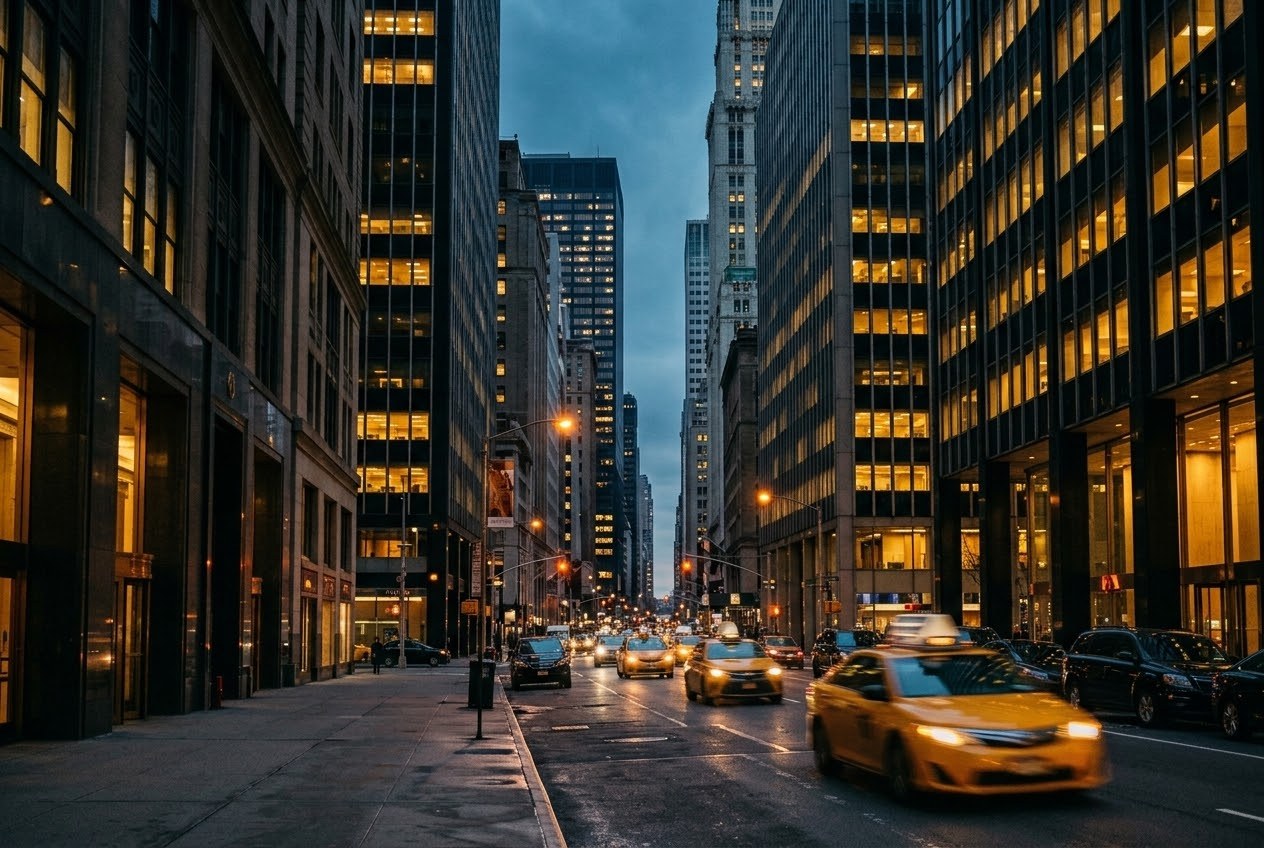 A lower Manhattan street at dusk with lit office towers and yellow taxis