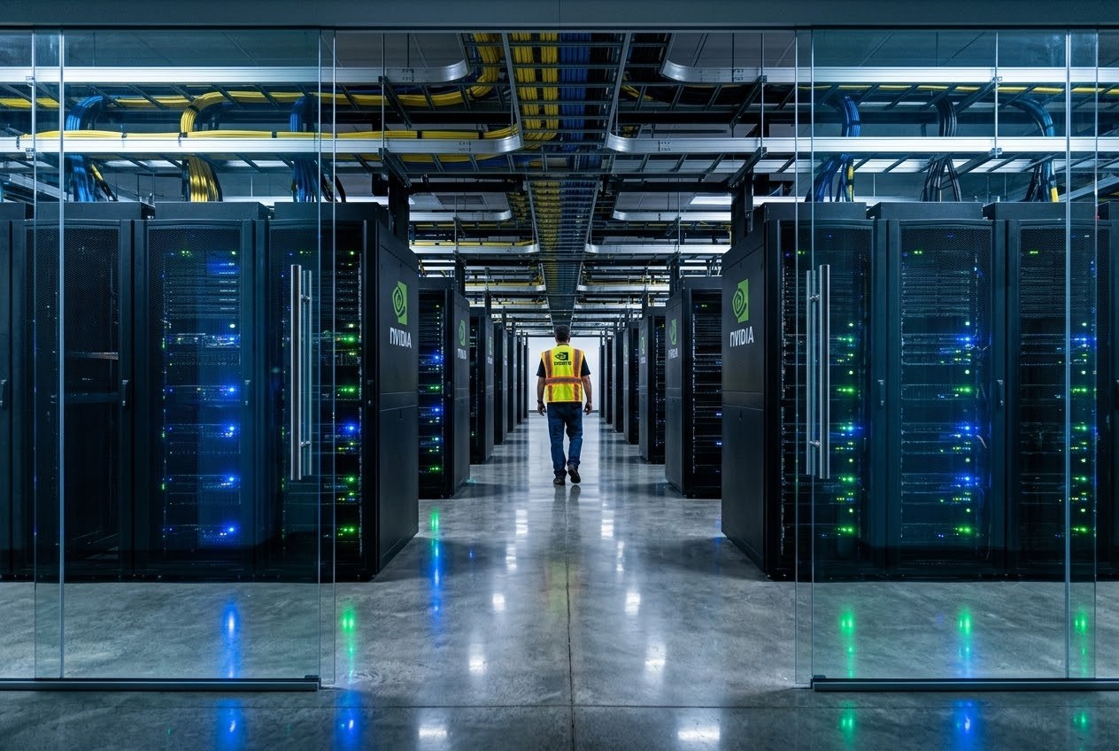 A technician in a hi-vis vest walking down an aisle of black server racks with NVIDIA logos in an AI data center