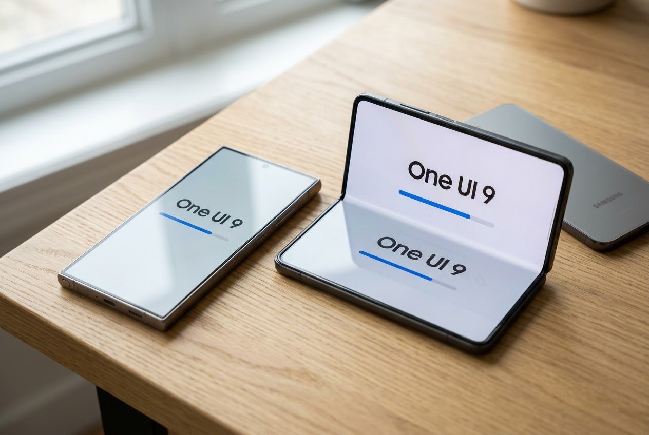 A Samsung Galaxy S25 Ultra and a half open Galaxy Z Fold7 on an oak desk, both screens showing a One UI 9 software update