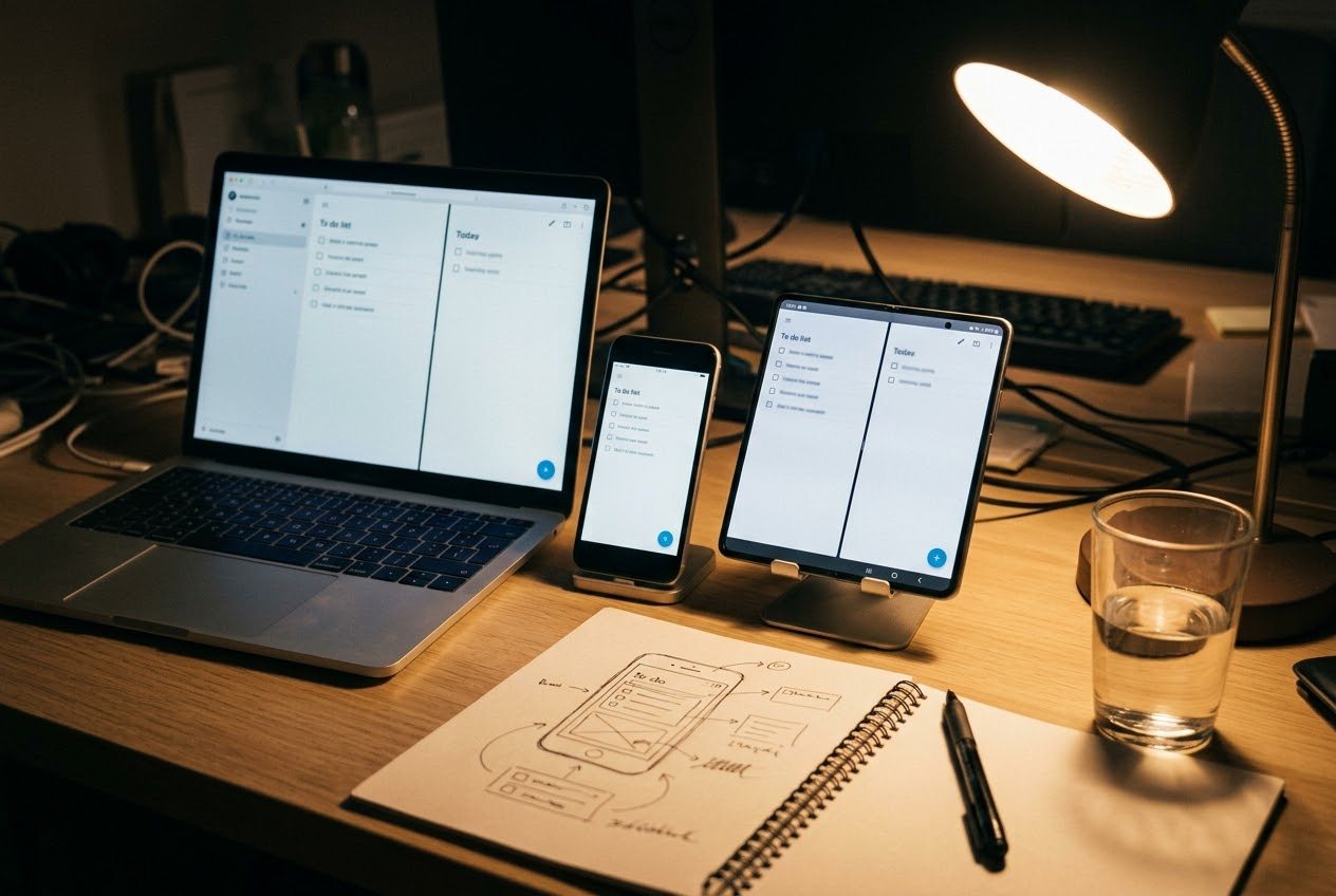 A desk at night with a Pixel phone, an open foldable phone and a laptop all showing the same to do list app with slightly different layouts