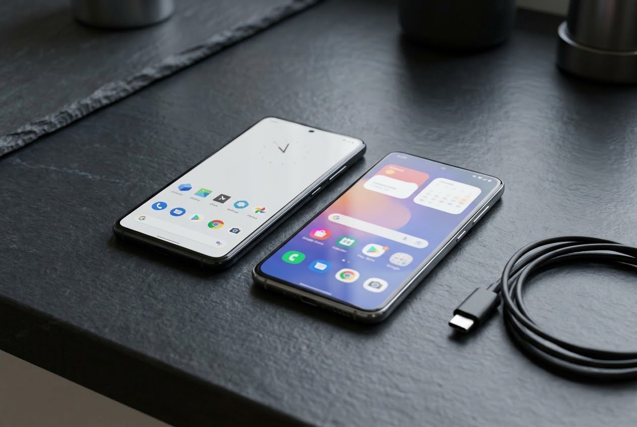 Two Android phones side by side on a dark counter, one showing a minimal home screen and the other a colorful home screen with large widgets