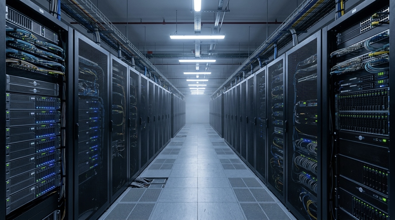 A long data center aisle lined with server racks and small blue and green status lights