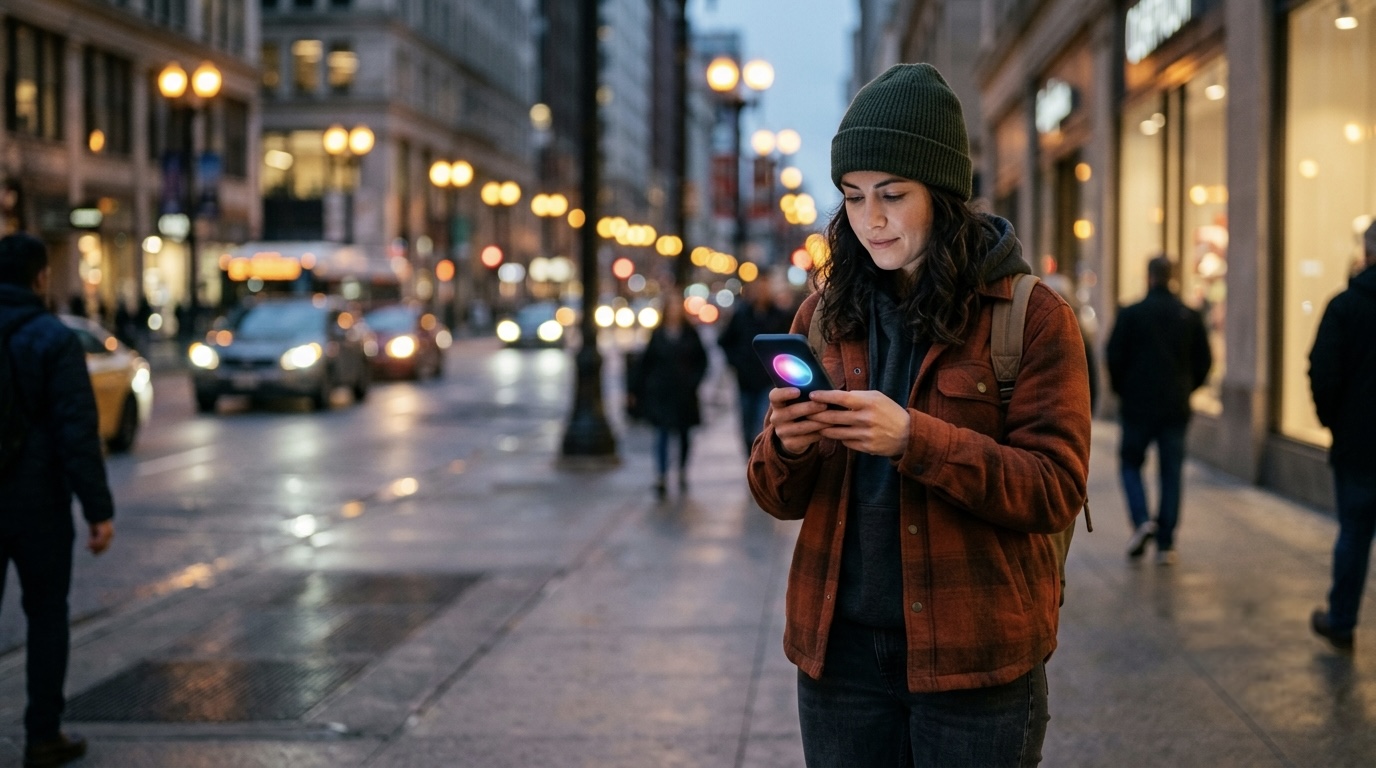 A woman on a rainy city sidewalk at dusk looking at her phone, which shows a glowing colorful AI assistant orb