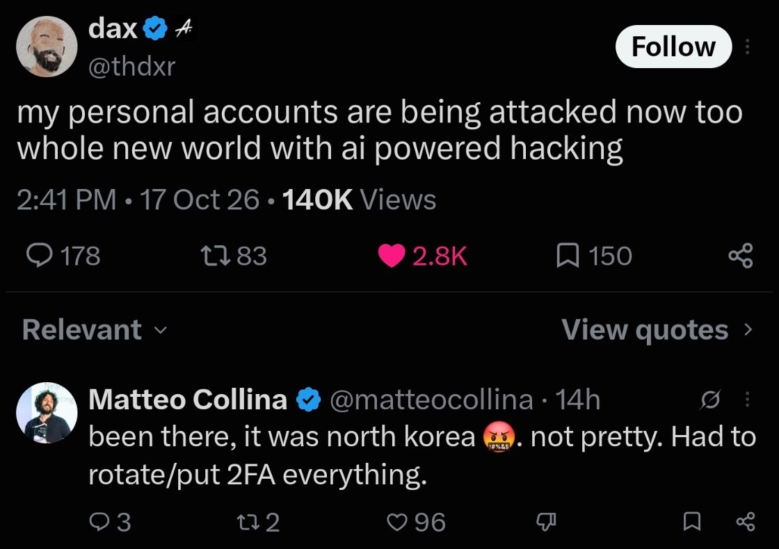 Screenshot of OpenCode co-founder Dax Raad's X post saying his personal accounts are being attacked too, with Matteo Collina's reply
