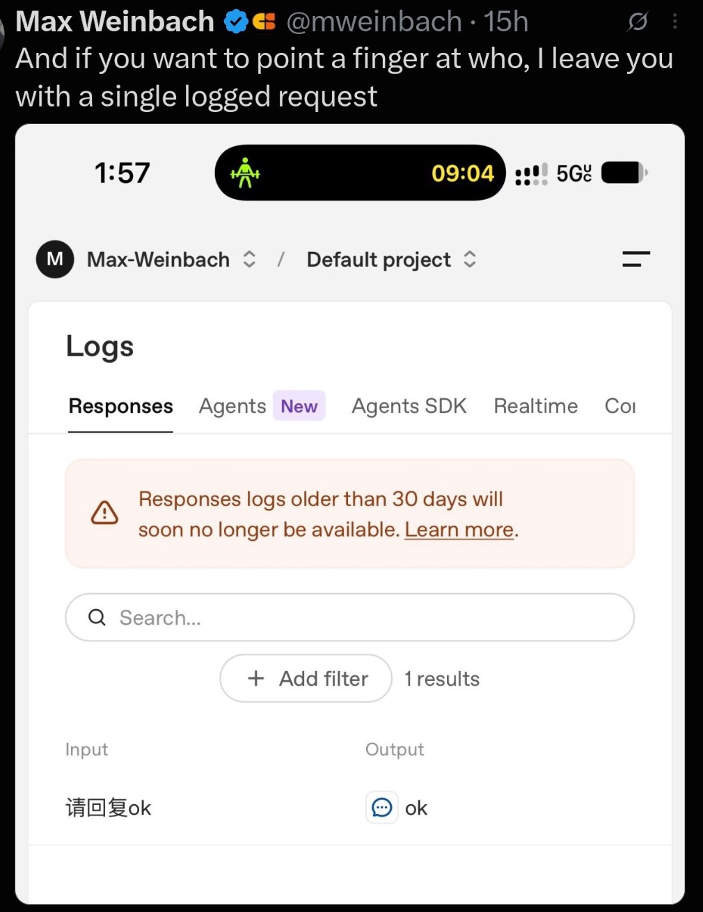 Screenshot of Max Weinbach's OpenAI logs showing a single request with the input 请回复ok and the output ok