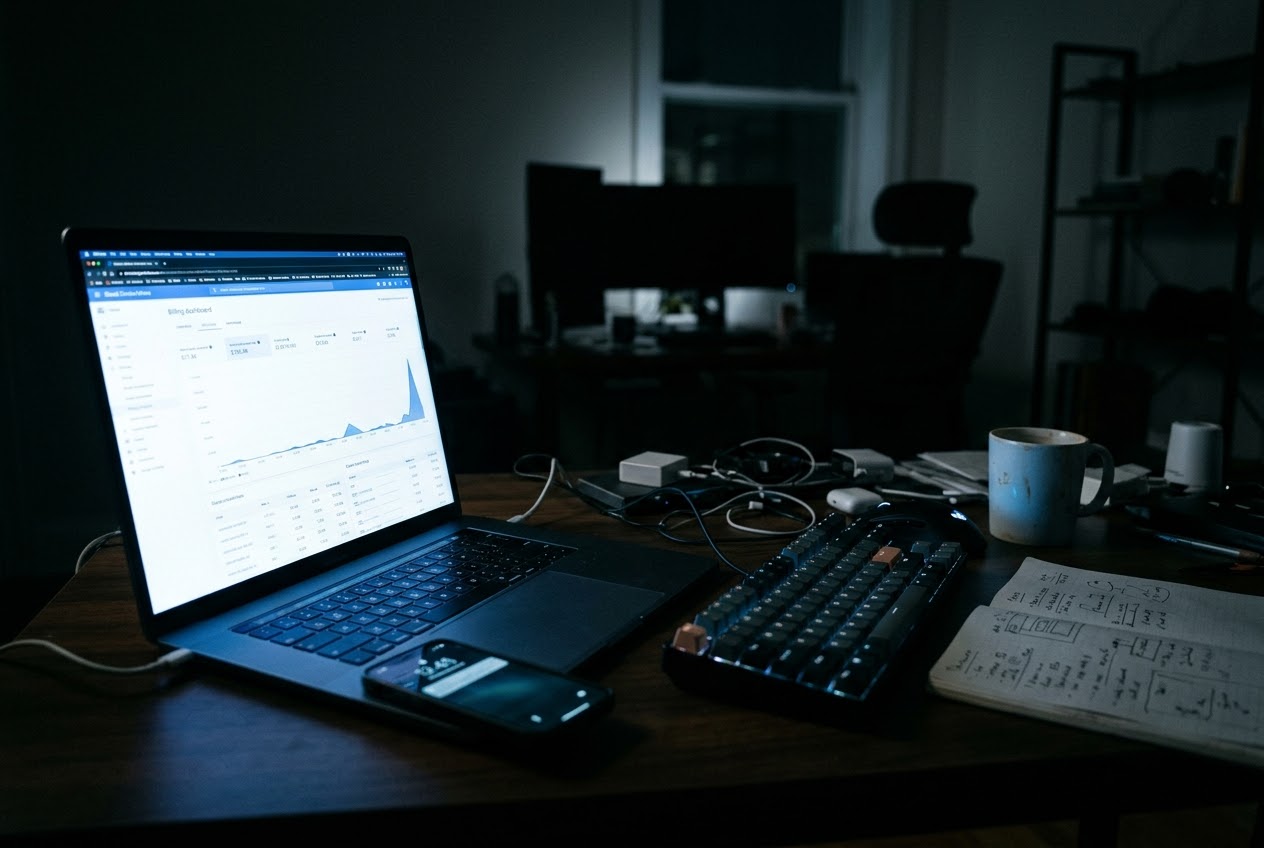 A laptop on a dark desk at night showing a billing dashboard with a chart spiking upward, next to a phone, a mechanical keyboard and a cold mug of coffee